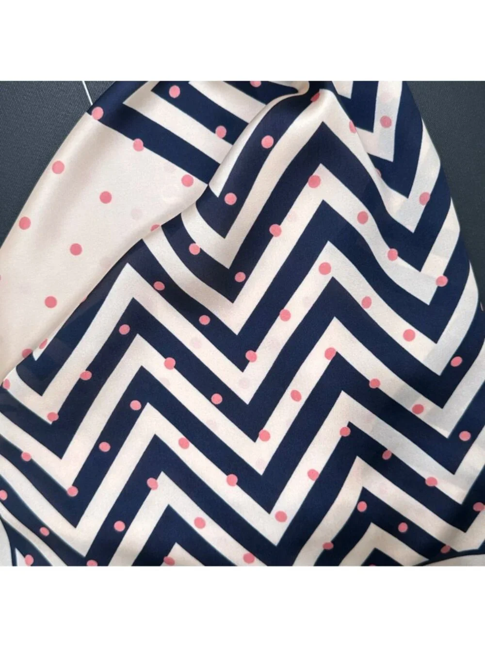 ⭐New Elegant Silky Satin Scarf Handkerchief blue Beige lines and dots Pattern